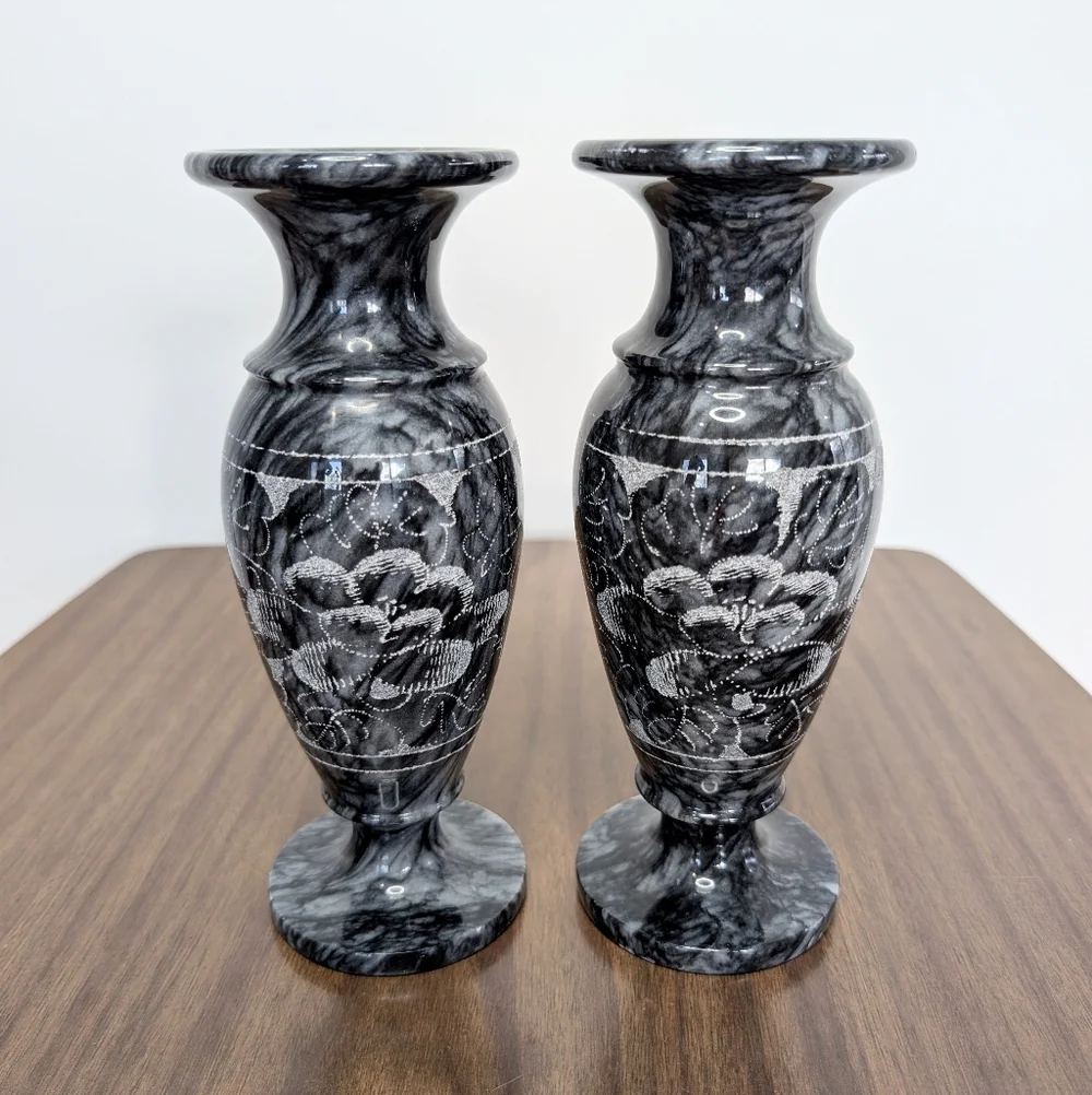 Pair Of Black & Gray Quartz Vained Marble Floral Etched Footed Vases Solid Stone